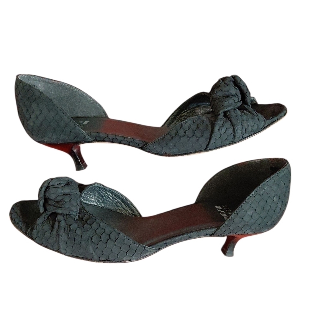 Stuart Weitzman BLack Leather Peep Toe Snakeskin Embossed Kitten Heels Size  6 M